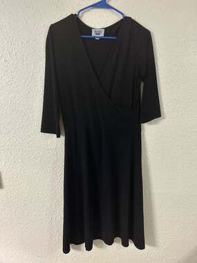 Leota Black Wrap Midi Dress Size L 3/4 Sleeve Fit and Flare